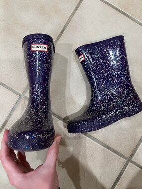Hunter Kid's Dark Purple Glitter rain Boots